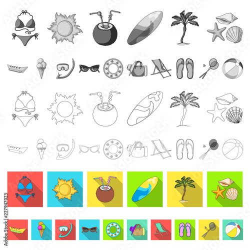 Summer rest flat icons in set collection for design. Beach accessory vector symbol stock web illustration.