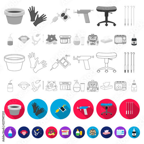 Tattoo, drawing on the body flat icons in set collection for design. Tattoo salon and equipment vector symbol stock web illustration.