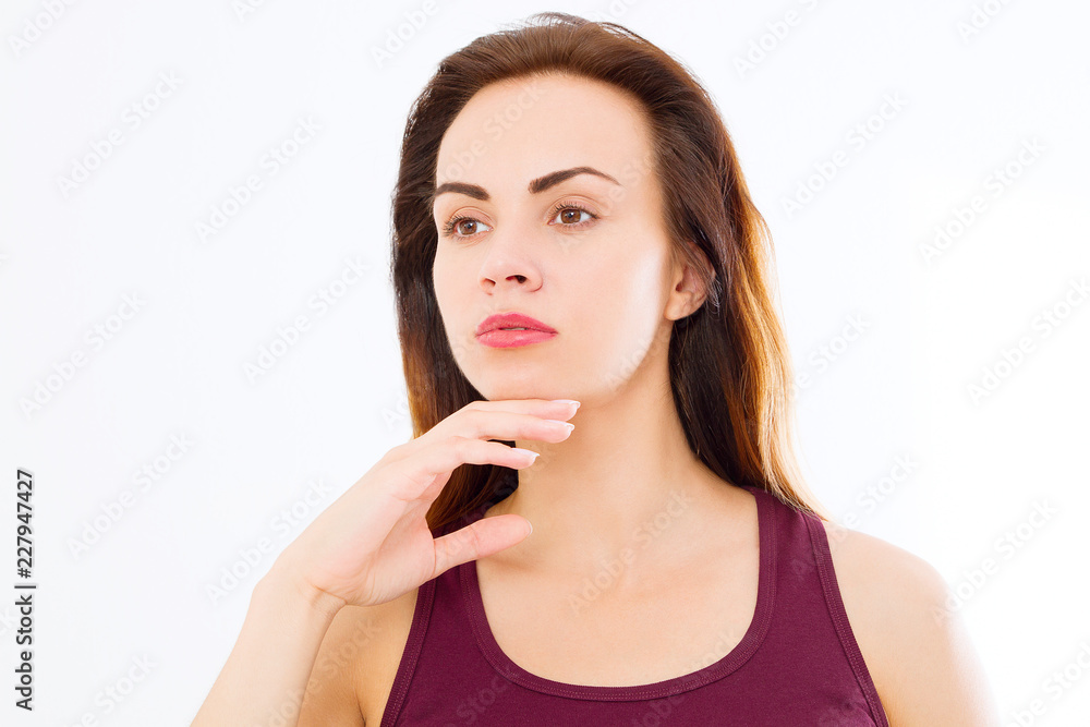 Macro Woman face with no wrinkles on forehead. Skin care and spa face beauty. Cosmetology facial treatment and anti aging concept. Copy space Macro Woman face with no wrinkles on forehead. Skin care and spa face beauty. Cosmetology facial treatment and anti aging concept. Copy space