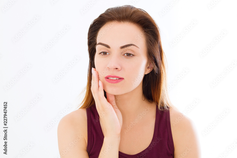 Macro Woman face with no wrinkles on forehead. Skin care and spa face beauty. Cosmetology facial treatment and anti aging concept. Copy space Macro Woman face with no wrinkles on forehead. Skin care and spa face beauty. Cosmetology facial treatment and anti aging concept. Copy space
