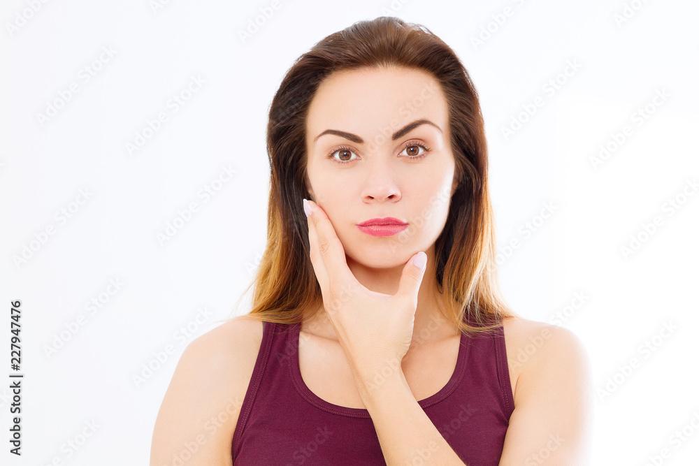 Macro Woman face with no wrinkles on forehead. Skin care and spa face beauty. Cosmetology facial treatment and anti aging concept. Copy space Macro Woman face with no wrinkles on forehead. Skin care and spa face beauty. Cosmetology facial treatment and anti aging concept. Copy space