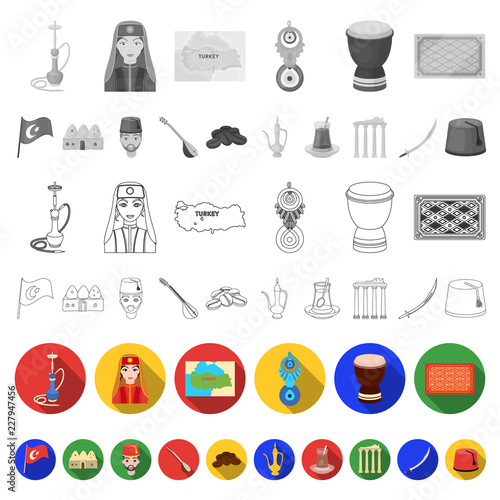 Turkey country flat icons in set collection for design.Travel and attractions vector symbol stock web illustration.