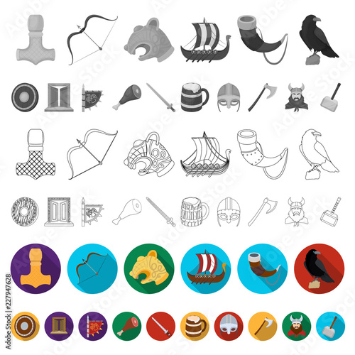 Vikings and attributes flat icons in set collection for design.Old Norse Warrior vector symbol stock web illustration.
