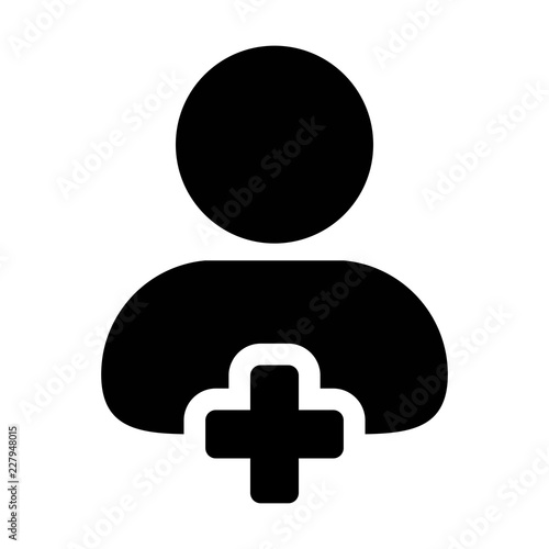 Add new user icon vector male person profile avatar with plus symbol in flat color glyph pictogram illustration