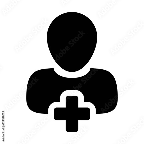 New user icon vector male person profile avatar with plus symbol in flat color glyph pictogram illustration