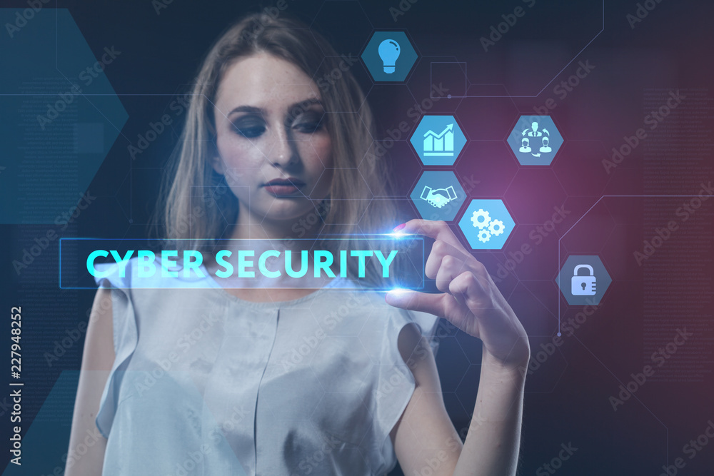Fototapeta premium The concept of business, technology, the Internet and the network. A young entrepreneur working on a virtual screen of the future and sees the inscription: Cyber security