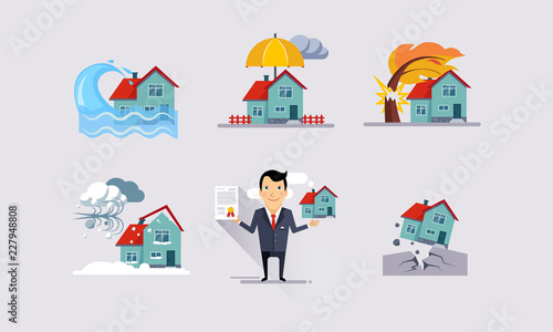 Insurance icons set, natural disasters, property protection, insurance and risk insured events vector Illustration