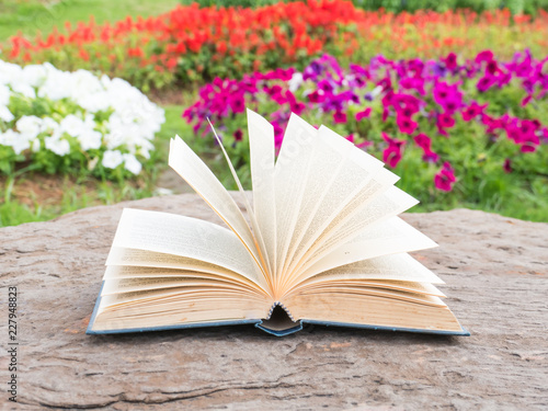 Book Retro on the rock on blurred flower background,