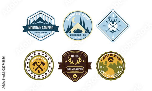 Mountain camping retro logo badges set, forest ranger camp, wild adventure labels vector Illustration on a white background