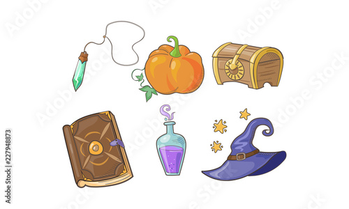Magical signs set, Halloween symbols, potion bottle, magic crystal, pumpkin, wizard hat, magic book vector Illustration on a white background