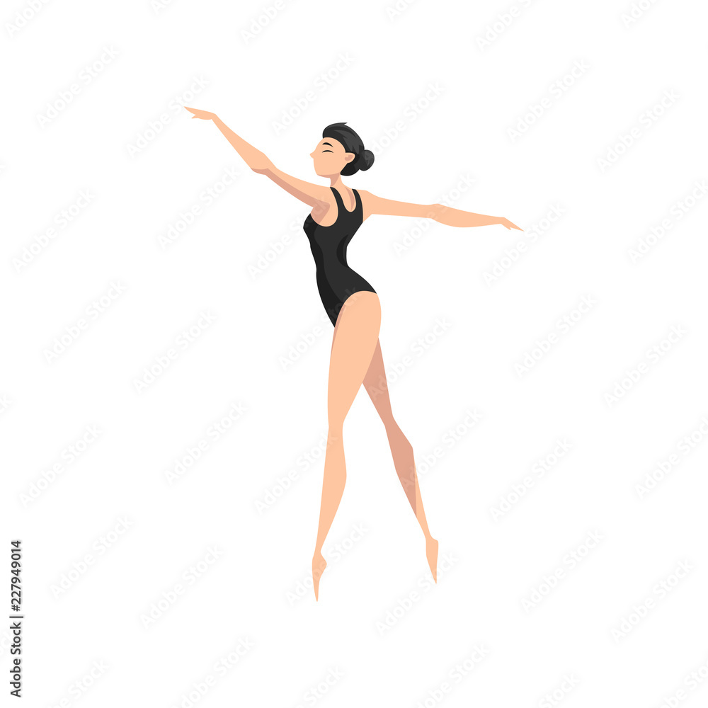 Young professional ballerina in black leotard dancing vector Illustration on a white background