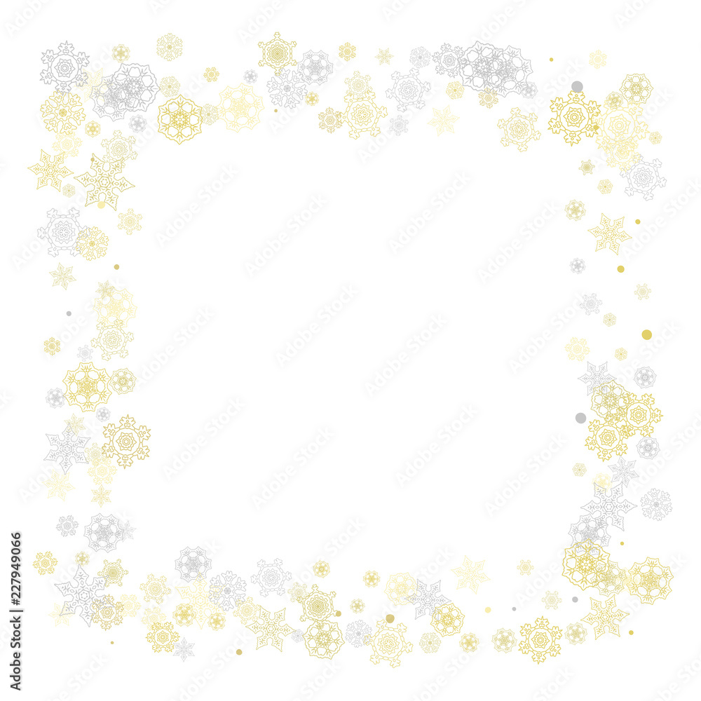 Gold snowflakes frame on white background. New year theme. Stylish shiny Christmas frame for holiday banner, card, sales, special offers. Falling snow with gold snowflakes and glitter for party invite Gold snowflakes frame on white background. New year theme. Stylish shiny Christmas frame for holiday banner, card, sales, special offers. Falling snow with gold snowflakes and glitter for party invite