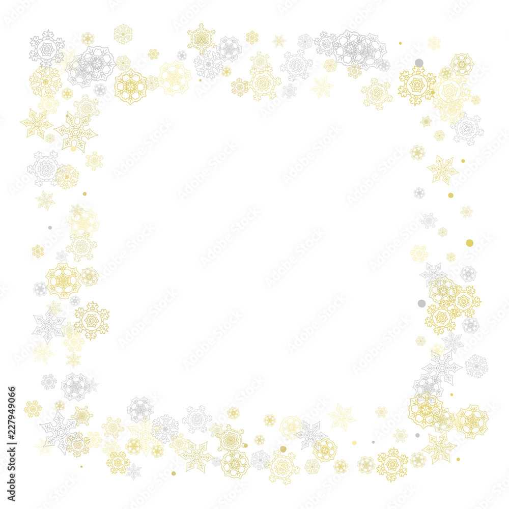 Gold snowflakes frame on white background. New year theme. Stylish shiny Christmas frame for holiday banner, card, sales, special offers. Falling snow with gold snowflakes and glitter for party invite