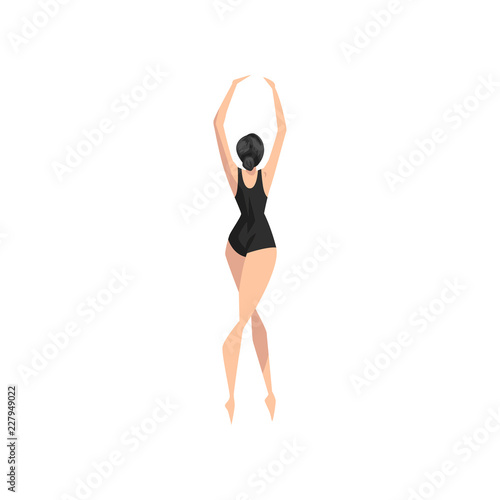 Young ballerina dancing in black leotard, professional ballet dancer vector Illustration on a white background