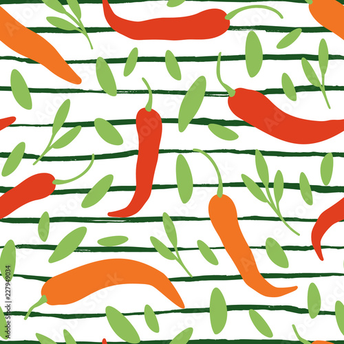 Vector chili, cayenne hot pepper, herbes on stripes background. Mexican exotic spicy seamless pattern. Hand drawing food illustration, wrap, fabric, textile