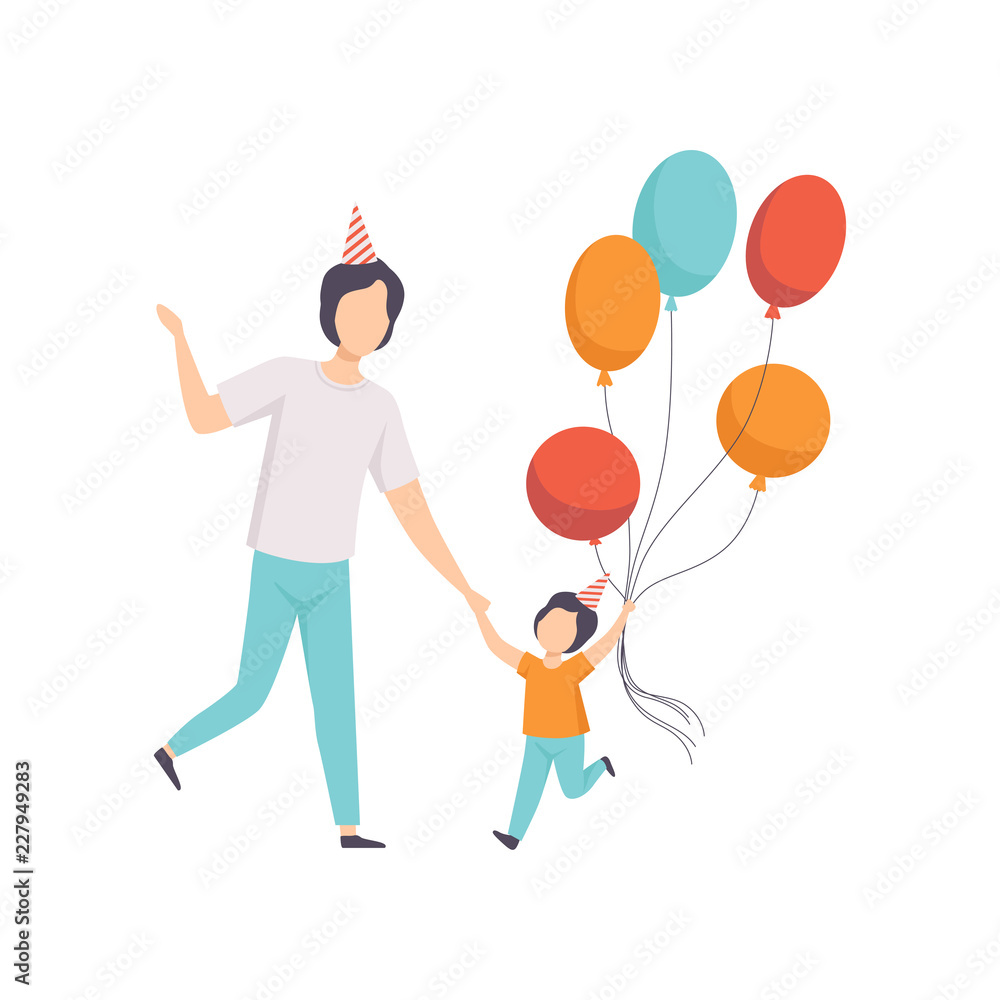 Happy boy holding bunch of colorful balloons, kid celebrating birthday with his dad vector Illustration on a white background