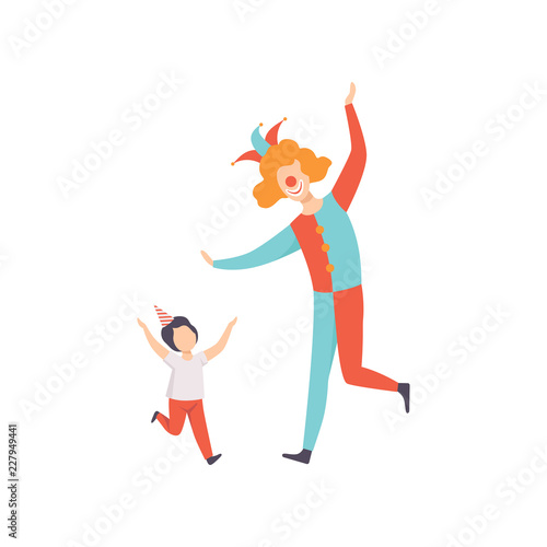 Boy having fun with clown  kid celebrating birthday vector Illustration on a white background