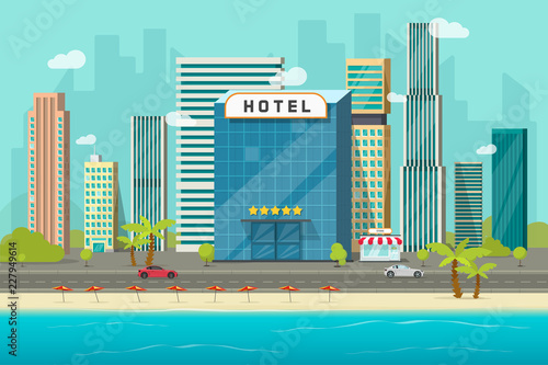Hotel near sea ocean beach resort view vector illustration, flat cartoon motel hostel building, street road and big skyscrapers town landscape, font view cityscape panorama clipart