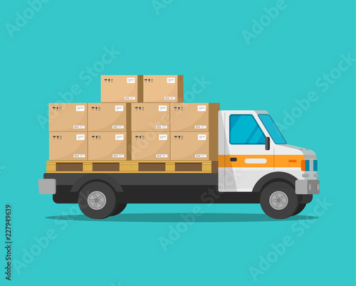 Delivery truck with parcel cargo boxes vector illustration, flat cartoon freight van or lorry automobile with packages isolated