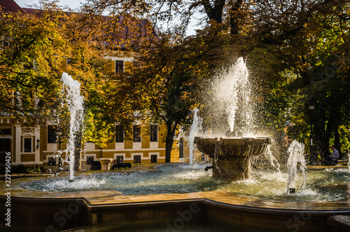 Pecs, Hungary - October 06, 2018: The fountain in the city park Pecs, Hungary, in the fall 