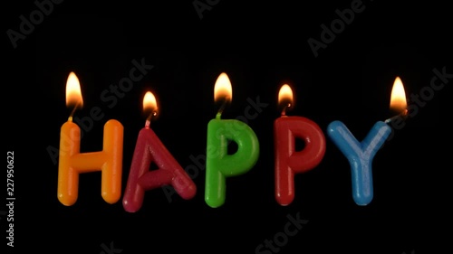 Candles (word HAPPY) burning on transparent background. Alpha matte. photo