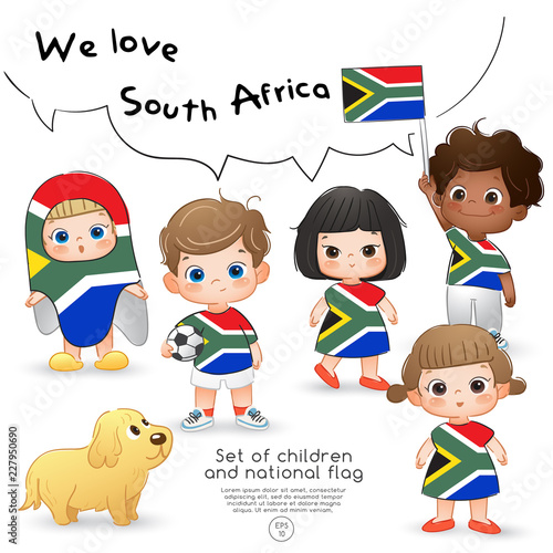 South Africa : Boys and girls holding flag and wearing shirts with national flag print : Vector Illustration