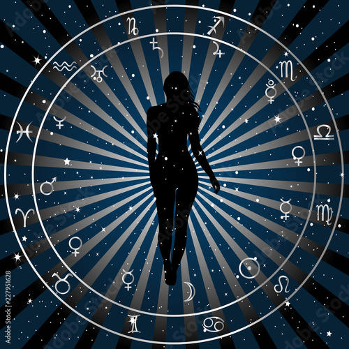 Astrologic zodiac horoscope background with silhouette of woman.