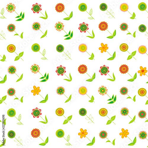 Floral seamless background with oblique rows of doodle flowers