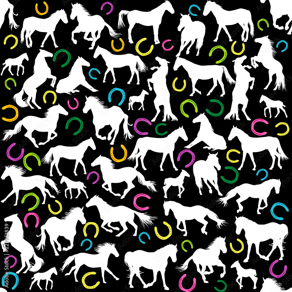 Seamless background with white horses silhouettes and colored horseshoes