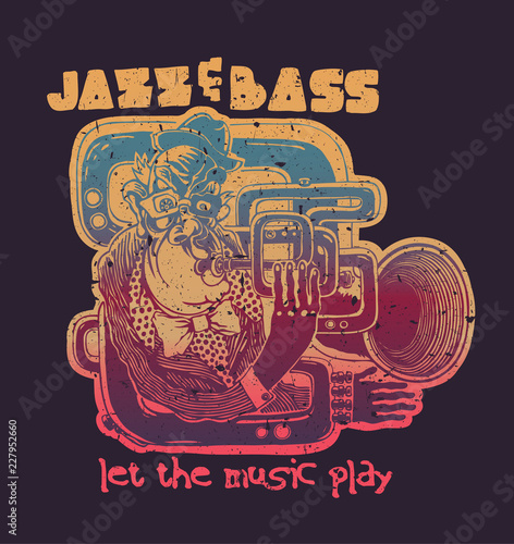 Design Jazz And Bass, Let The Music Play For T-shirt Print With Trumpeter. Vector Illustration.
