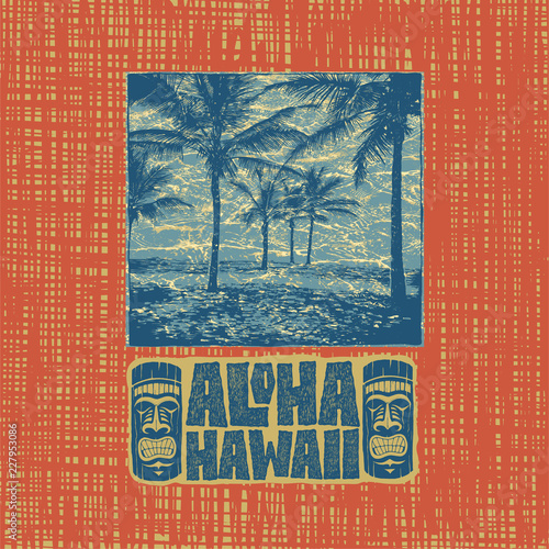 Aloha Hawaii. Hand lettering with tiki mask and tropical landscape with palms trees. Retro colors and style. vector illustration.