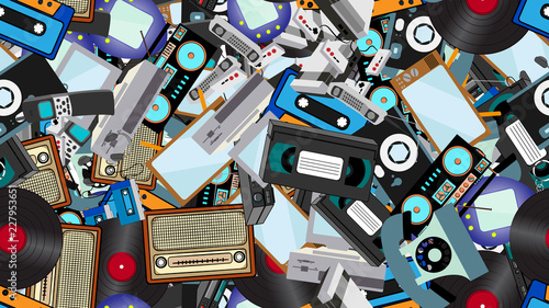Texture, seamless pattern of old retro hipster electronics, mobile phones, tv recorder, player, audio tape, video recorder, game console, camera, computer. The background. Vector illustration
