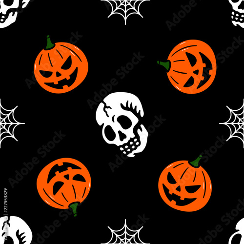 HALLOWEEN SKULL PUMPKIN SPIDER WEB SEAMLESS PATTERN BLACK BACKGROUND