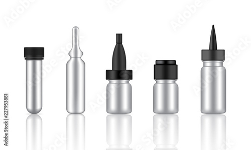 Mock up Realistic Metallic Cosmetic Serum, Ampoule, Oil Dropper Bottles Set for Skincare Product Background Illustration