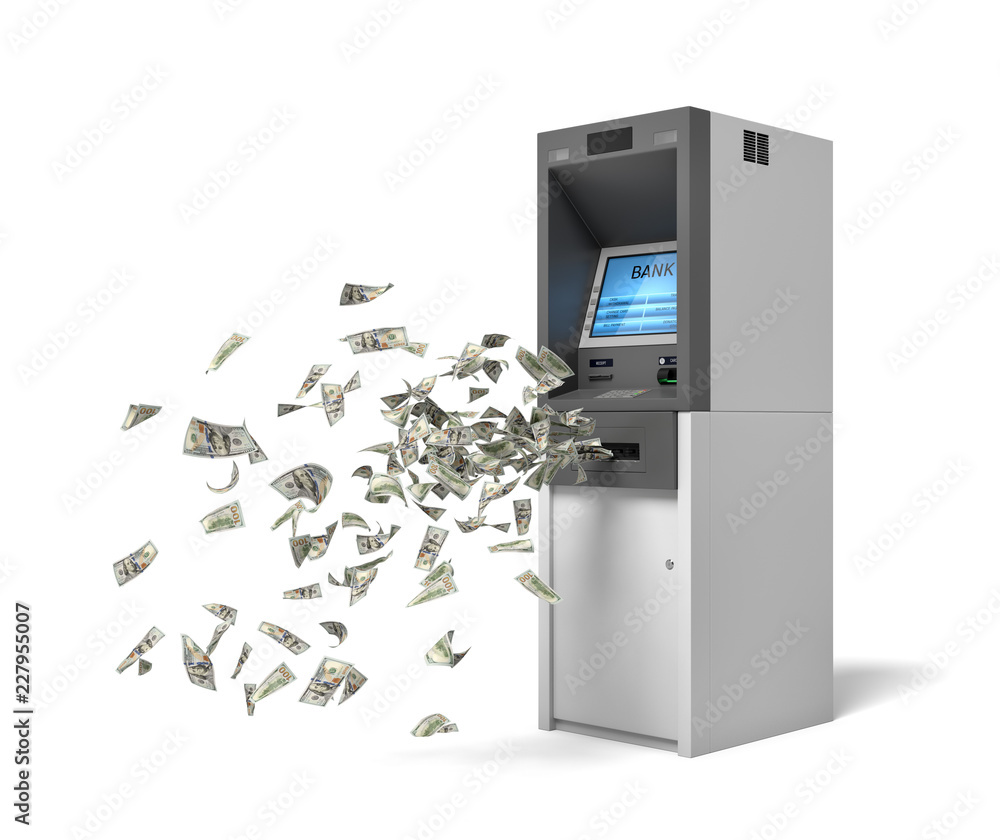 3d rendering of a bank ATM machine with green banknotes flying out of it. 3d rendering of a bank ATM machine with green banknotes flying out of it.