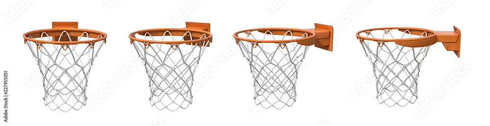 3d rendering of a set made of four basketball baskets with orange loop and fixing bracket.