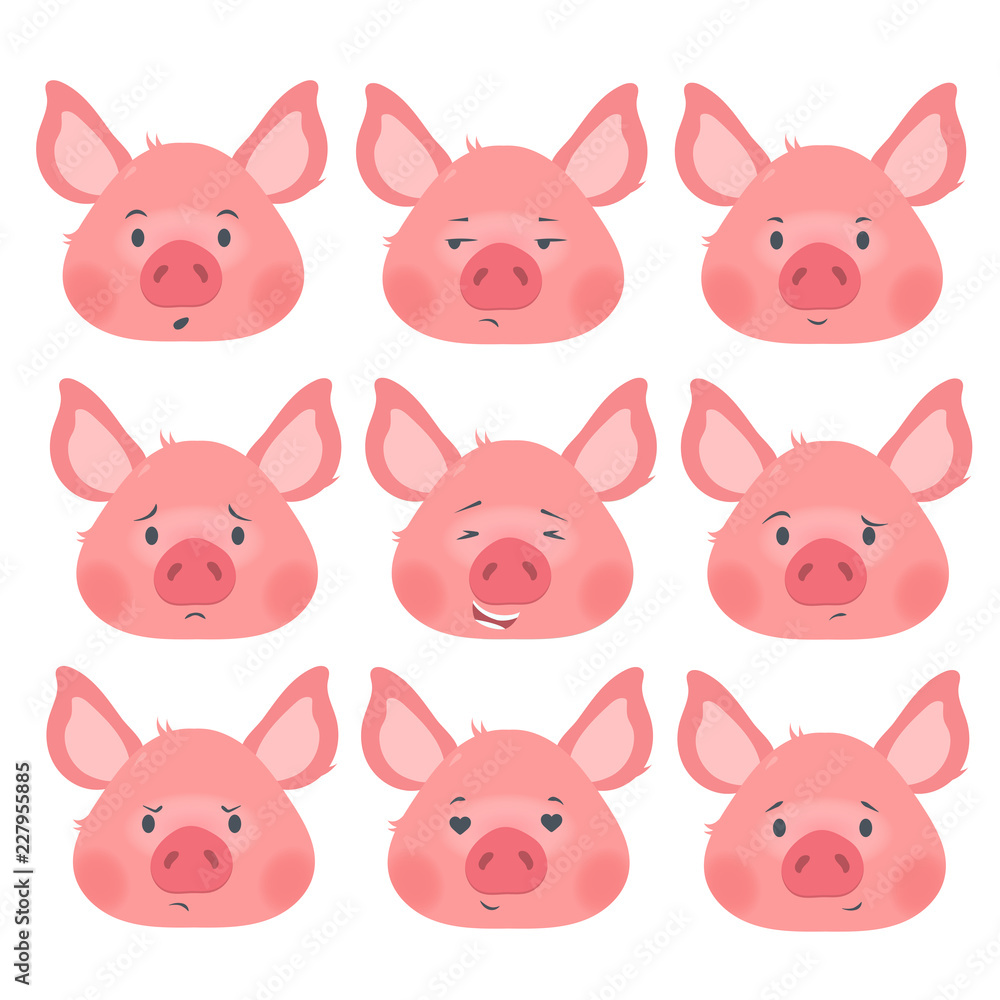 A collection of piggy smiles with different emotions. Vector set.