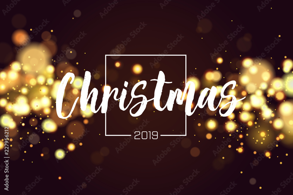 Christmas background 2019 with golden magic bokeh sparkle glitter lights. Abstract defocused circular New Year background design. Elegant, shiny, metallic gold background. EPS 10.