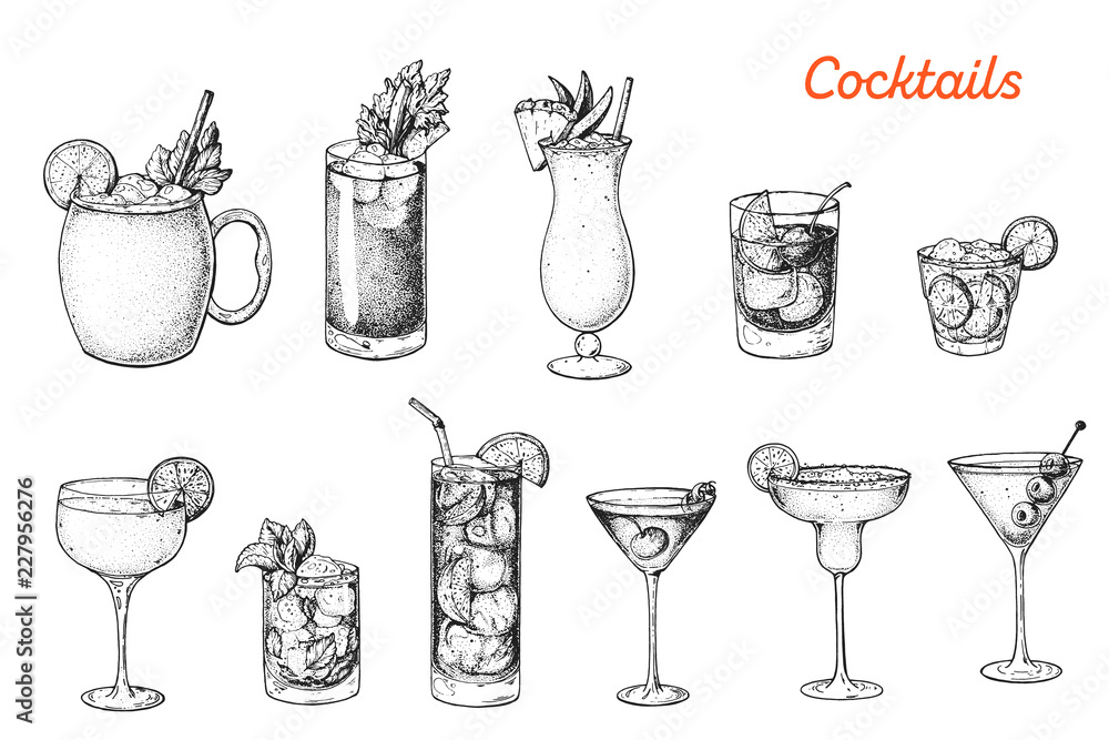 Alcoholic Cocktails Hand Drawn Vector Illustration Sketch Set Moscow
