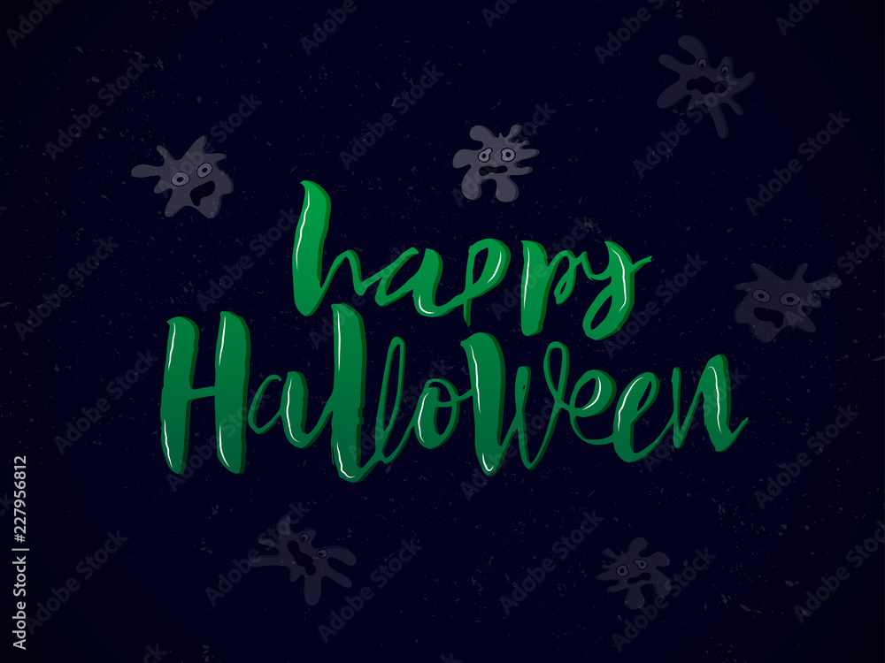 Happy Halloween card with ghost. Modern green inscription and decorative illustration of spook on a dark blue background. Vector handwritten lettering for banner, sticker, label, card, flyer.