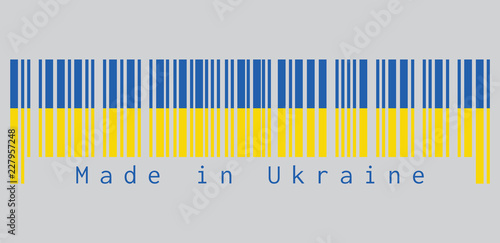 Barcode set the color of Ukraine flag, it is a banner of two equally sized horizontal bands of blue and yellow. text: Made in Ukraine. concept of sale or business.