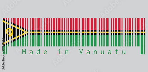 Barcode set the color of Vanuatu flag, red and green with black and yellow color boar's tusk encircling two crossed fern fronds in the center and the golden pall. text: Made in Vanuatu.