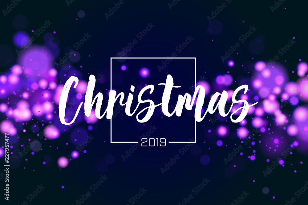 Christmas background 2019 with blue magic bokeh sparkle glitter lights. Abstract defocused circular New Year background design. Elegant, shiny, purple blue background. EPS 10.