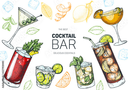 Alcoholic cocktails hand drawn vector illustration. Cocktails set. Menu design elements.