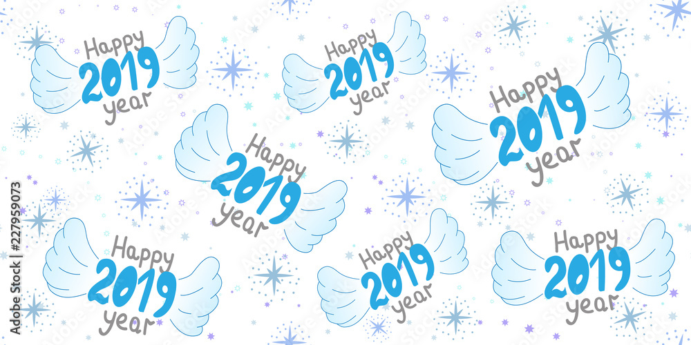 Vector seamless Christmas pattern with the inscription 2019. With the new 2019 year. Patern with the stars, snowflakes, congratulations.