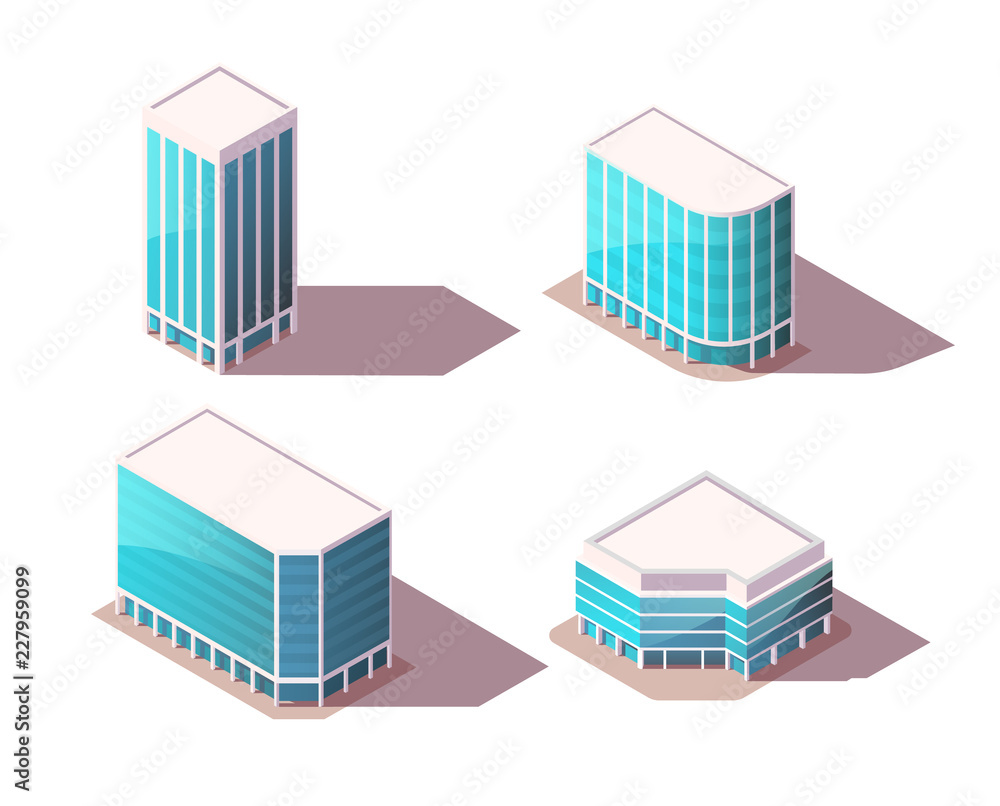 Vector isometric set office buildings with realistic shadows. High Quality City Elements for Map. Low poly town. Vector isometric set office buildings with realistic shadows. High Quality City Elements for Map. Low poly town.