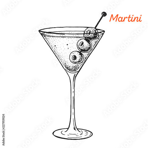 Martini cocktail illustration. Alcoholic cocktails hand drawn vector illustration. Sketch style.