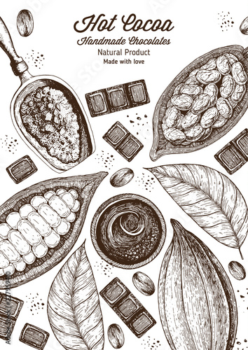 Vector illustration frame with cocoa products. Handmade chocolate, organic food. Vintage elements for design.