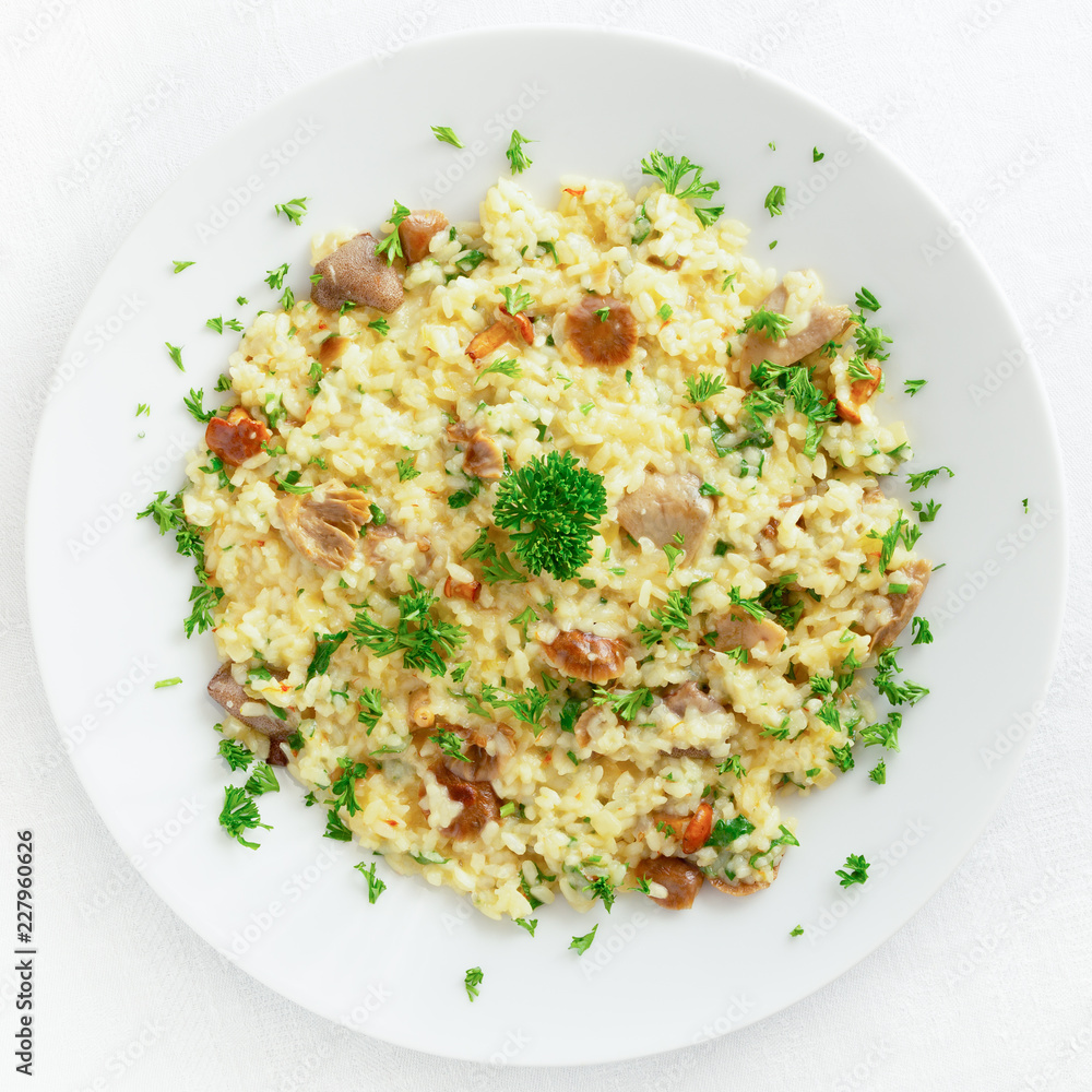 risotto on chicken broth with forest mushrooms, onion, cheese, safran, and white wine decorated with parsley