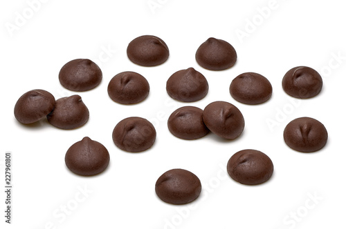Chocolate chips morsels from top view isolated on white background